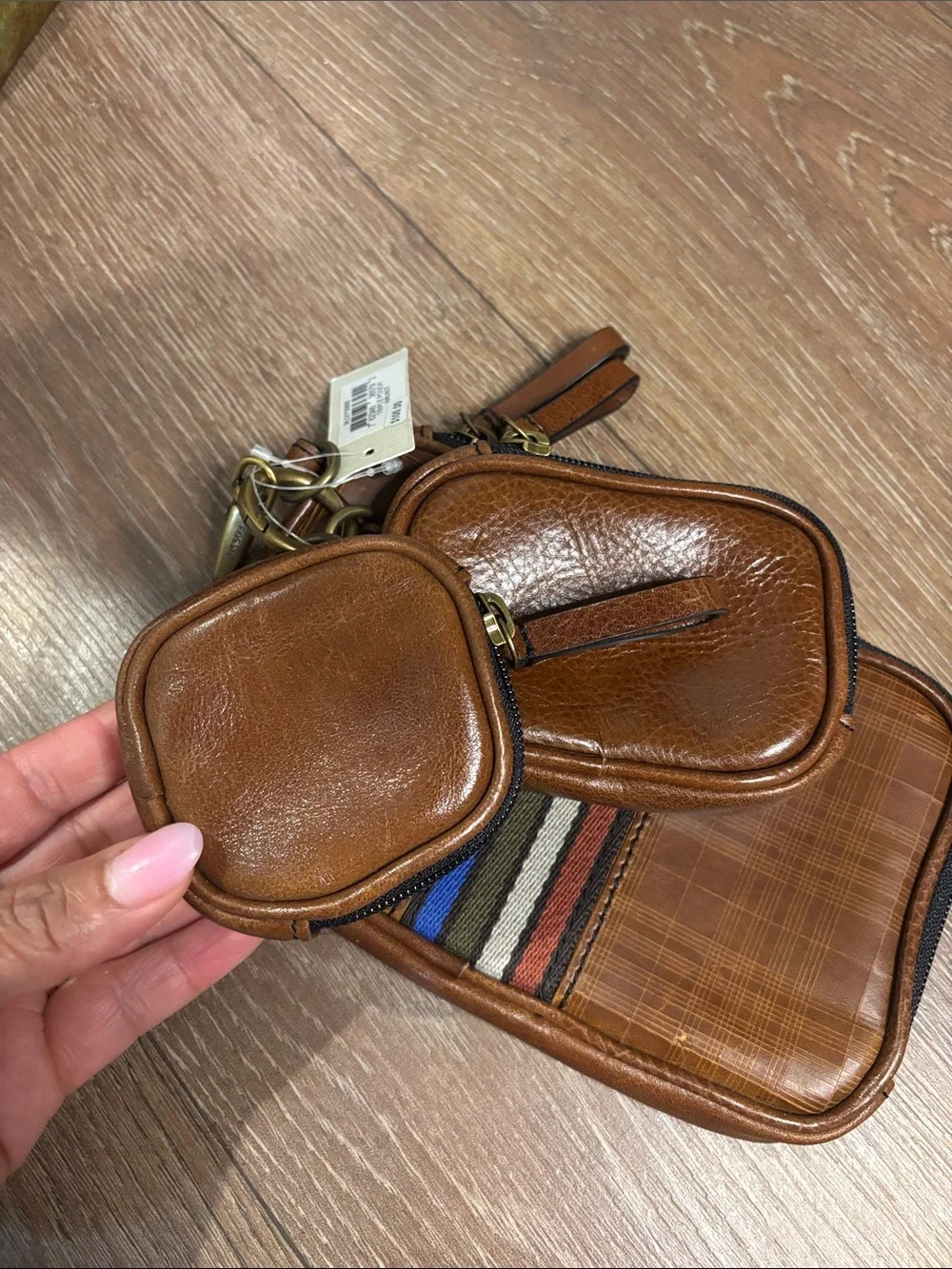 Fossil Brown Leather triple pouch set Organizer with Striped Accent